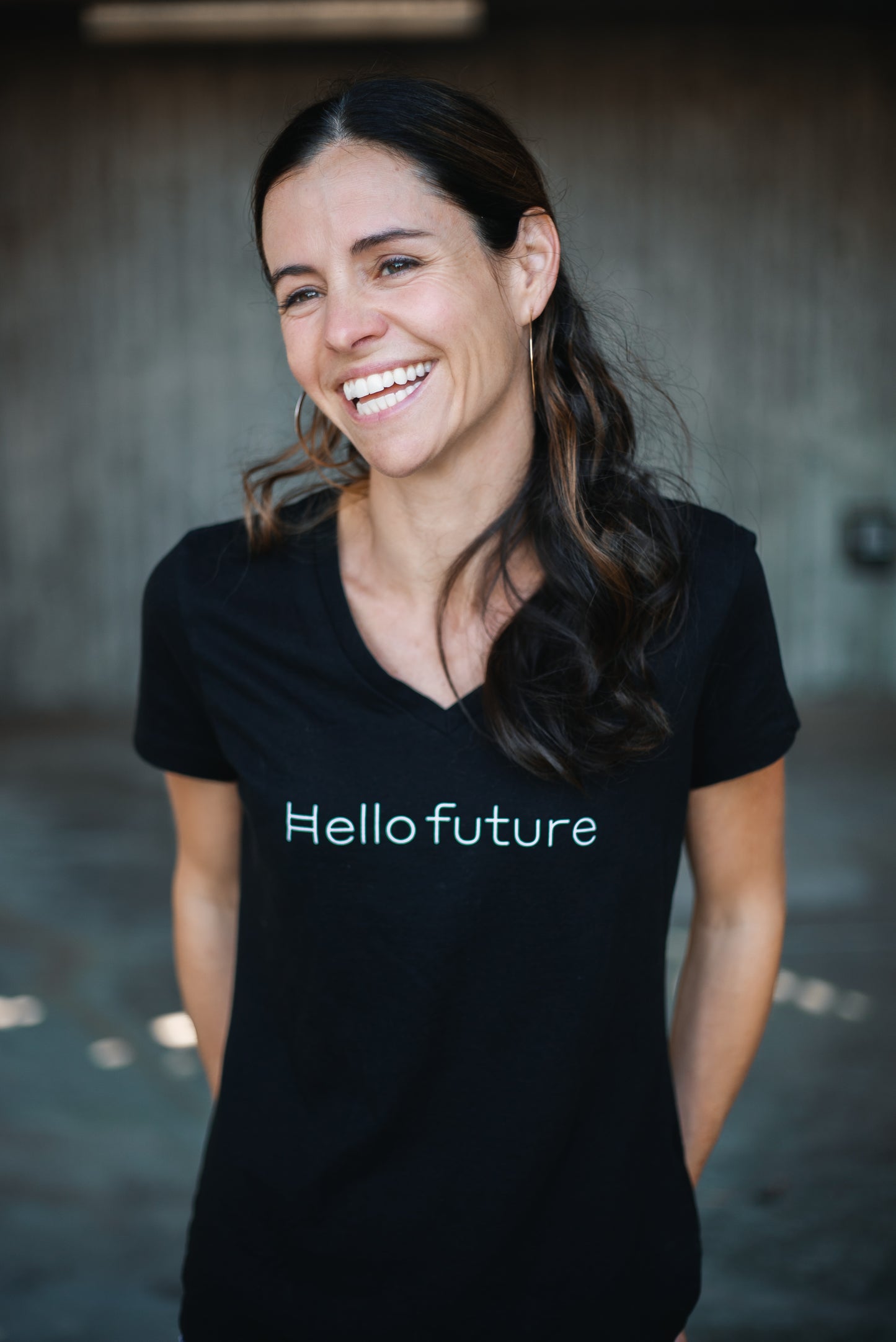 "Hello Future" V-neck (womens, small font)